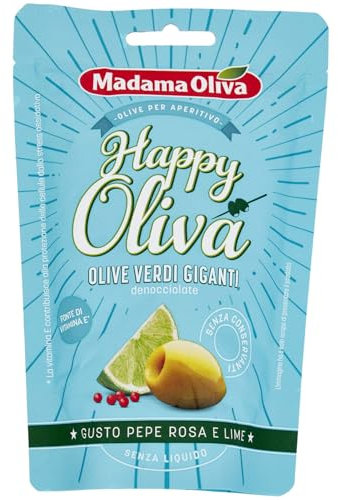 Madama Oliva Olive Verdi Giganti Denocciolate 80g, Varietà Halkidiki, Gusto Lime e Pepe Rosa, Lavorazione Sivigliana, Senza Conservanti, Atmosfera Protettiva, Pratiche Bustine Easy Open