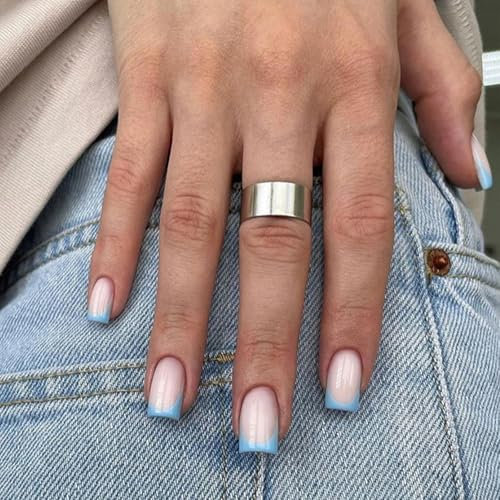 French False Nails - 24pcs Square Short Fake Nails - Blue Grey Elegant Press on Nails French Tip - Glossy Glue on nails - 12 Sizes Full Cover Reusable Acrylic Nail for Women Girls