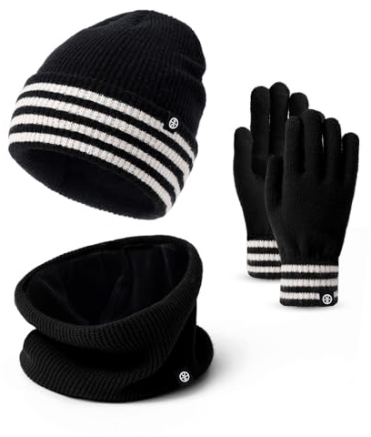 Baynetin 3-in-1 Winter-Set Beanie Hut Schal Handschuhe| Thermostrickmütze mit Umschlagkante + Fleece-Schal & Touchscreen-Handschuhe | Dehnbares Winddichtes Set für Kälte