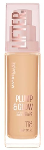 Maybelline Foundation Lifter Plump & Glow, SPF20, Buildable Coverage, 118 | With SPF20, All Day Wear, Buildable and Radiant Coverage, Brighter Skin Overtime, Plump & Glow Foundation