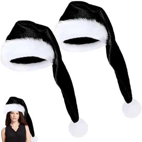 2 Stück Lang Weihnachtsmütze, 75cm Nikolausmütze Erwachsene, Plüsch weihnachtsmann mütze, Santa Clause Mütze für Weihnachtsfeier, Christmas Hats für Neujahr Festliche Feiertage Kostüm Party, Schwarz