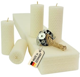 Wachsmann Stumpen Kerzen selber machen, 100% reines Bienenwachs aus Deutschland, Advent & Weihnachten, Bienenwachsplatten 60 x 10 cm, DIY Bastelset Kinder, inkl. Dochte