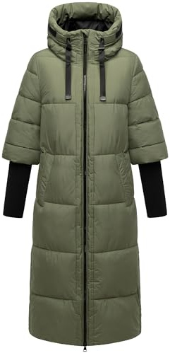 Navahoo Damen langer Wintermantel warmer Steppmantel mit Kapuze und Rippstrickärmeln Ciao Miau XIV XS-3XL