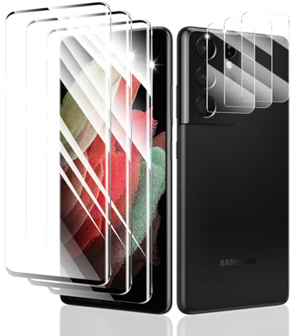 3+3-Pack, Screen Protector and Camera Lens Protector for Samsung Galaxy S21 Ultra, Tempered Glass Film, Impact-Protection, HD, Anti-Scratch, 9H Hardness, Case Friendly, Bubble Free, 2.5D Curved Edges