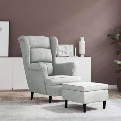 HUAKEHOM Ohrensessel mit Hocker Fernsehsessel Polstersessel Loungesessel Wohnzimmersessel Ruhesessel Relaxsessel Hellgrau Samt