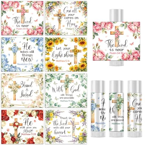 Peacoblue 160 Stück Lippenbalsam Etiketten, Bibelblumen und Kreuz DIY | Wasserfeste Tube Aufkleber 8 Designs, Glänzende Labels für selbstgemachte Lippenpflege, Geschenke und Feiern