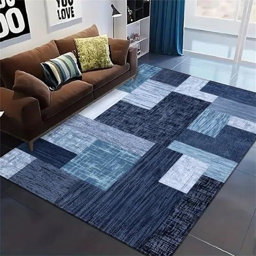 USHIRUG Geometrischer Teppich, 140x200cm, Waschbarer Moderner Teppich Abstraktem Geometrischem Muster, rutschfeste, Kurzflorige Bodenmatte für Schlafzimmer, Wohnzimmer, Büro und Foyer, Blau