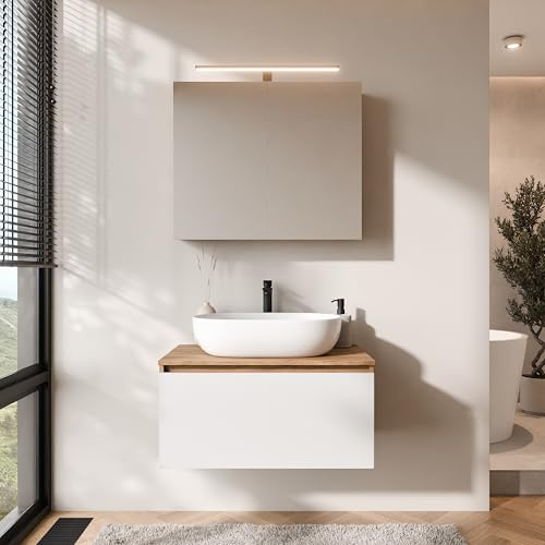 Planetmöbel Arisa Badmöbel Set Waschtisch mit Unterschrank | 80 cm, gold eiche weiß mit ARIA Spiegelschrank, Waschbecken 60 cm gold eiche weiß, Raumsparsiphon