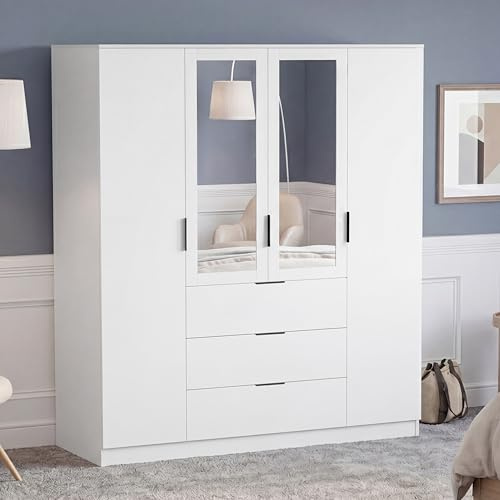 Vida Designs Trega 4 Door 3 Drawer Mirrored Wardrobe | White | Bedroom Furniture | 175H x 154W x 54D cm | With Storage Shelf & Hanging Rail | Large Capacity Storage
