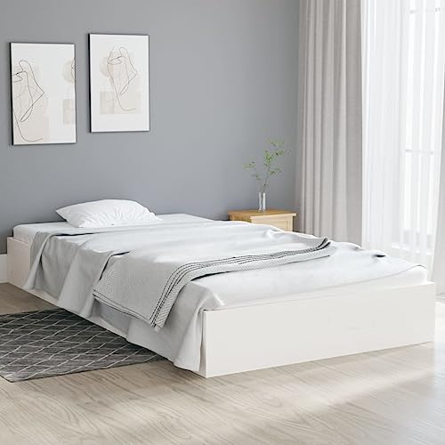 ACAGALA Massivholzbett 90x200cm, Bettgestell aus Kiefernholz mit Lattenrost, Rustikales Futonbett ohne Kopfteil, Niedriges Plattformbett als Einzelbett, Jugendbett & Gästebett, Weiß