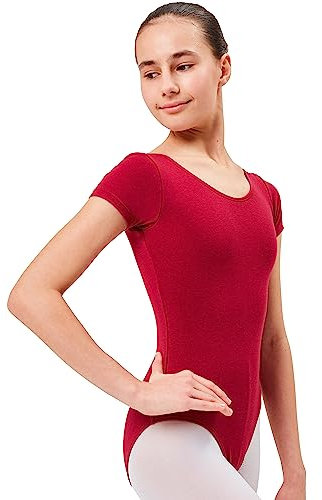 tanzmuster Ballettanzug Mädchen Kurzarm - Sally - aus weichem Baumwollstoff - Ballett Trikot Ballettbody in Burgunder, Größe 128/134