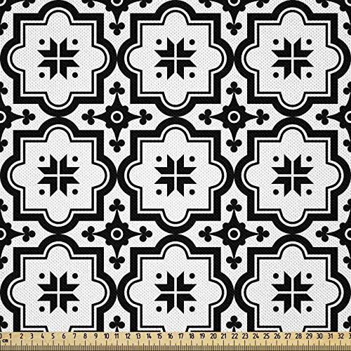 ABAKUHAUS marokkanisch Stoff als Meterware, Monochrome Fliesen Design, Seidiger Satin Stoff für Polster Heimtextilien, 1M (148x100cm), Weiß Schwarz