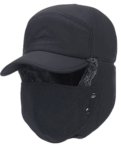 iEasey Winter Fur Trapper Hat with Earflap Face Mask Warm Thermal Fur Hat Baseball Cap with Face Cover Windproof Winter Work Hats Cold-Proof Ear Warm Cap for Ski Cycling Winter Sports