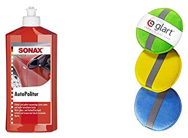 Sonax 300 200 Auto Politur 500ml & Glart 43PP Mikrofaser Handpolierschwamm 3er Set, 130x25 mm, Wax Applikator Pad für Wachse, Polituren, Lackreiniger, Autopolitur, statt Poliermaschine, Blau/Grün/Gelb