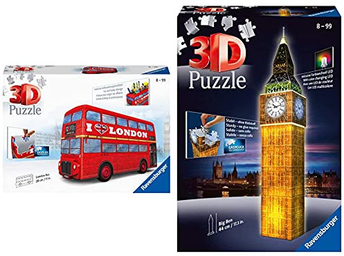 Ravensburger Red London Bus 216 Piece 3D Jigsaw Puzzle for Kids Age 8 Years and Up & Big Ben 216 Piece 3D Jigsaw Puzzle for Adults and Kids Age 8 Years Up - Night Edition with LED Lighting - London UK