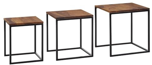 FineBuy Satztisch 3er Set Sheesham Massivholz/Metall Beistelltisch Eckig Modern, Design Couchtisch 3-teilig, Wohnzimmertisch Platzsparend, Holztisch Kaffeetisch Wohnzimmer