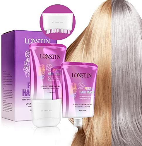 lonstin Silber Haarmaske mit Kamm, Lila Haarmaske für Blondes, Gebleichtes Haar, Entfernen Sie Gelbtöne & Pflegen Sie trockenes Beschädigtes Haar, Vegan, Frei von Parabenen & Sulfaten, 8 fl oz