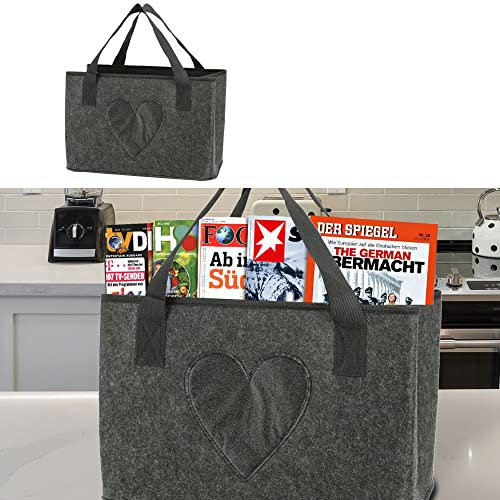 Filztasche Herz Zeitungsständer │ 40x26,5x21cm dunkelgrau Filz Henkel │ Shopper Tasche Aufbewahrung (1 x Filztasche Herz dunkelgrau)
