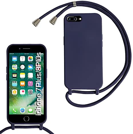 MBSLFY Silikon Handykette für iPhone 6 Plus/6s Plus/iPhone 7 Plus/8 Plus Hülle mit Band, Silikon Necklace Handyhülle mit Abnehmbar Kordel zum Umhängen Stossfest Bumper Handy Schutzhülle, Navy blau