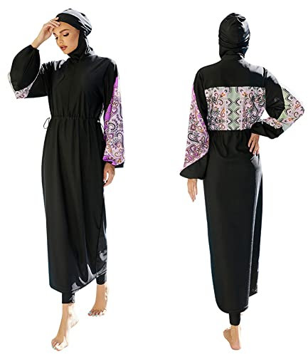 Burkini Damen Muslim Muslimische Badeanzug Frauen Langarm UV Schutzkleidung Badeshirt Lang Tops+Schwimmhose+Badekappe Hijab 3tlg Islamisch Schwimmanzug Jilbab Ganzkörper Modest Bademode 1#Schwarz S
