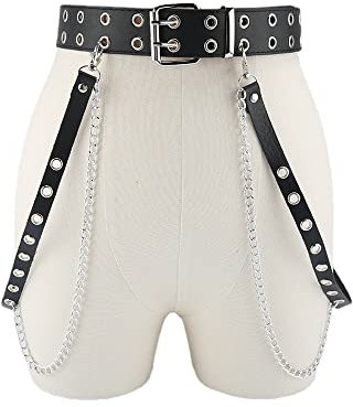 FDEETY Punk Gürtel mit Nieten und Ketten für Damen Verstellbarer Taillengürtel Schwarzer Ledergürtel Modischer Hüftgürtel Festival Accessoire Rock Stil Gothic Mode 150cm Länge Breite 3.8cm