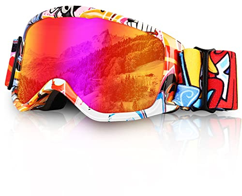 Micnaron Kids Ski Goggles, Snowboard Goggles for Boys Girls Youth, OTG Anti-fog Ski Goggles with Non-Slip Strap (Orange)