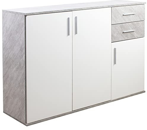 BAKAJI Madia Armadietto Armadio 3 Ante 2 Cassetti, Mobile Mobiletto Design Minimal Camera da Letto, Soggiorno, Arredamento Casa Ufficio, Resistente Robusto Multiuso (Cemento e Bianco)