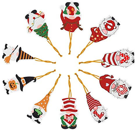 10pcs Tags DIY Diamond Painting Tags Diamond Dot Gift Tags DIY Diamond Art Hanging Ornaments Pendant Handcraft Cards Decoration Kit for Christmas Tree Decor Kids Crafts Santa Snowman