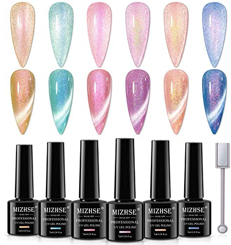 MIZHSE Einhorn Cat Eye Gel Set, UV Nagellack 6 Farben Glitzer Perlen Gel, Rosa Blau Orange Frühling-Sommer-Farben, Nagellack Magnetisch Auroras Schimmern Perle Effekt, Shining Cat Eye Set 7ml 6er Pack