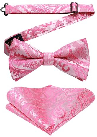 HISDERN Nœuds Papillon Rose Homme et Mouchoir avec Crochet déjà lié et Réglable Nœud Papillon à Motif Cachemire Carré de Poche Ensemble