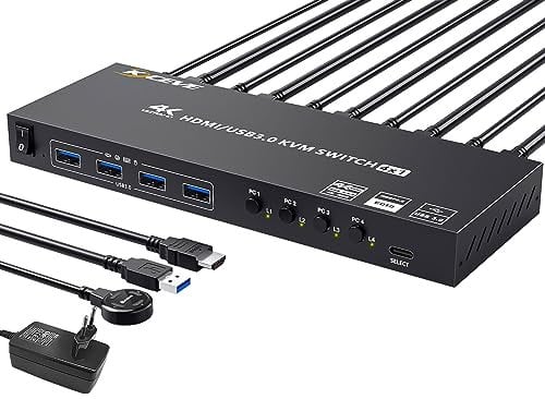 Switch KVM USB 3.0 HDMI 4 PC 1 Moniteur, KVM Switch 4 Ports 4K@60Hz EDID Simulé, Commutateur KVM Partage 4 Périphériques USB 3.0 Souris Sans Fil Clavier Imprimante, avec 5 Câbles et Wired Remote