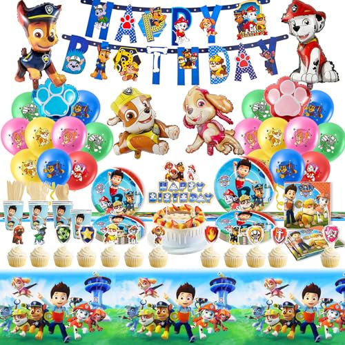 105er Pappteller Set für Kindergeburtstag mit Paw Dog Patrol Deko - Geburtstag Geschirr Set mit wiederverwendbaren Bechern, Servietten, Tischdecke und Partygeschirr für 10 Personen