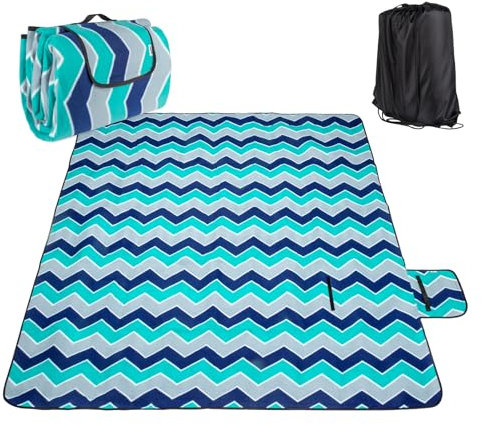 Homewit Picknickdecke Wasserdicht 200 x 200 cm, Faltbar Stranddecke XXL für 4-6 Personen, Strandmatte Fleece Wärmeisoliert Unterseite mit Aufbewahrungsbeutel (Rucksack) für Outdoor, Camping, Blau+Grün