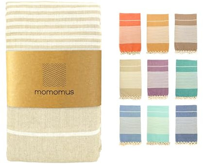 MOMOMUS Fouta XXL, Sandfrei, mit Fransen - Großes Strandtuch XXL, aus Baumwolle, Sandabweisend - Ideal für Picknicks am Strand - Beige, 210x240 cm