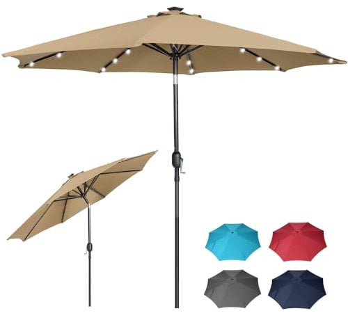 Panana 2.7M Garden Parasol with 24 Solar LED Lights Sun Shade Outdoor Umbrella 8 Sturdy Ribs with Crank and Tilt Mechanism for Poolside, Deck, Patio and Balcony Khaki