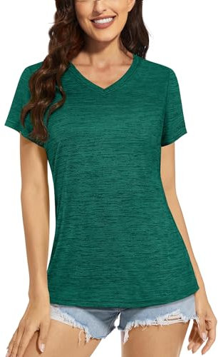 TACVASEN Ladies Tee Shirts Short Sleeve Athletic Shirts Gym Performance T Shirts V-Neck Yoga Tops Emerald Green