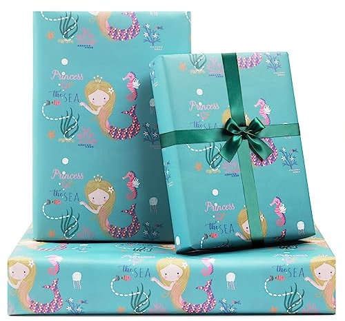 Meerjungfrauen-Geschenkpapier, Prinzessin des Meeres, kleine Meerjungfrau, 6 Blatt, flach gefaltet, 50,8 x 71,1 cm pro Blatt, mit smaragdgrünem Band, Geschenkanhänger und Grußkarte für