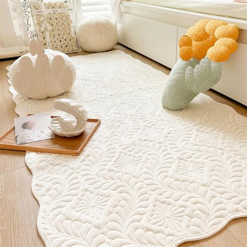 Reyox Tappeto Cotone Lavabile in Lavatrice, Tappetino per Corridoio Soggiorno Camera da Letto Cameretta dei Bambini Floreale Bianco Crema 90 x 160 cm