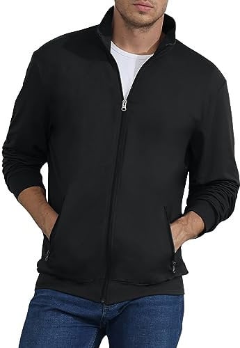 Mens Sweatshirt Full Zip Active Stretchable Jacket Lightweight Long Sleeve Jacket Black L