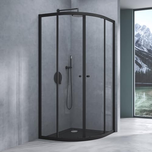 Mai & Mai Duschkabine 100x100 viertelkreis schwarz Dusche Duschabtrennung mit 2 Schiebetüren inkl. Duschtasse ESG-Sicherheitsglas Nano-Beschichtung Ravenna32K