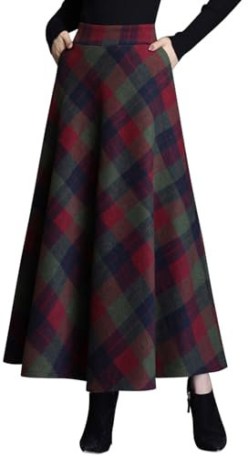 Womens Vintage Plaid A-line Long Maxi Skirt Fall Winter Swing Pleated Flared High Elastic Waisted Casual Flowy Skirt with Pockets(UK 12/Tag L,Green)