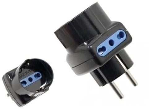 RIDUTTORE ADATTATORE TRIPLA CON SPINA SCHUKO E PRESA SCHUKO + 2 PRESE BIPASSO ITALIANE UNIVERSALI 10/16A (PASSO GRANDE E PICCOLO) NERA