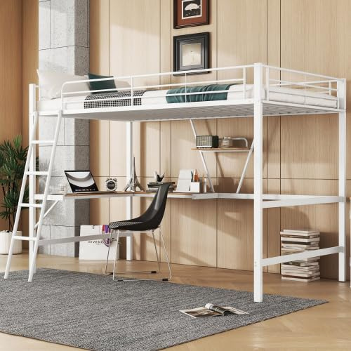 Moimhear Bettgestell Metallbett 90x200cm, Eisenbett, Hochbett mit L-förmigem Schreibtisch und einem Regal für Kinder, Jugendliche und Erwachsene (Weiß)