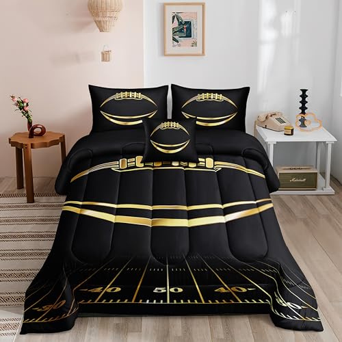 Helloosuu Football Comforter Sets,6 PCS Football Bedding Set,Kids Comforter Sets for Boys,Twin Black and Gold Bed Sets for Boys,Bed in A Bag with Sheets