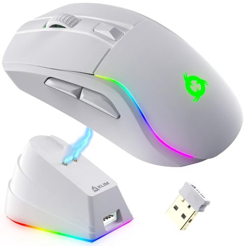 KLIM Blaze Y Wiederaufladbare kabellose Maus - NEU - Gaming Maus mit RGB und Ladestation - Hochpräziser Sensor und langlebiger Akku - Bis zu 6000 DPI - Kabel- und Wireless Mouse für PC - Weiß