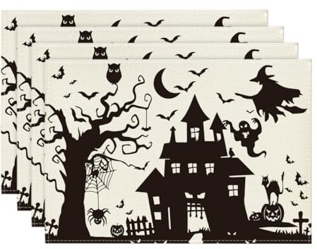 Artoid Mode Juego de 4 manteles individuales para Halloween, 30 x 45 cm, lavable, para cocina, fiestas, color blanco y negro