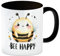 Biene Bee Happy Kaffeebecher in schwarz niedlich dick gezeichnet Cartoon-Stil flauschig und freundlich Tasse für glückliche Momente