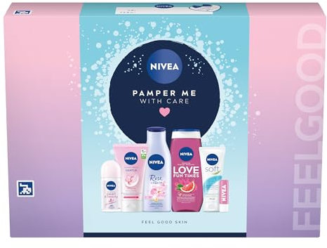 NIVEA Pamper Me With Care Gift Set (6 Products), Women's Gift Set with Shower Gel, Moisturising Cream, Body Lotion, Lip Balm, Anti-Perspirant Roll-On, and Cream Wash