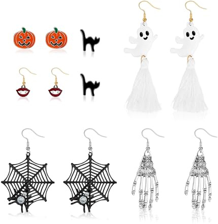 Halloween Ohrringe Set - 6 Paar für Damen und Kinder, Spinnen Ohrringe, Schmuck und Geschenke für Mädchen und Frauen