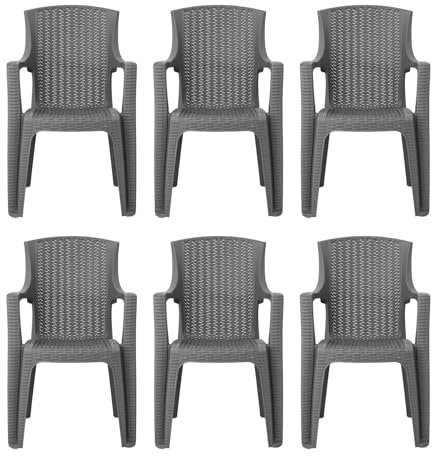simpa Stackable High Back Plastic Rattan Effect Garden Chairs - Grey Set of 6